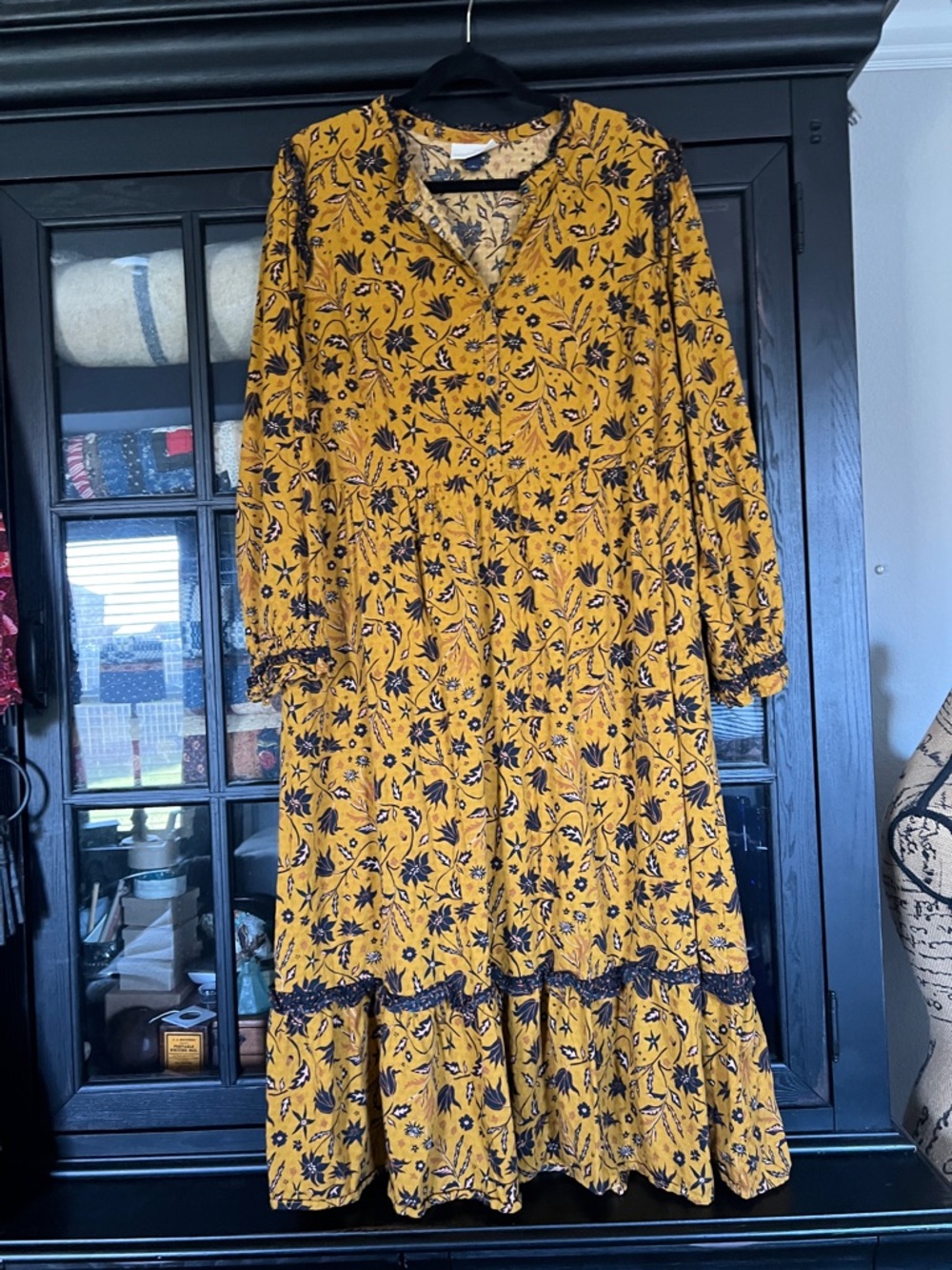Universal Thread Mustard Floral Midi Dress with Lace Trim - Womens